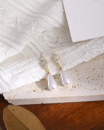 Pearl Earrings for Women, 14k Gold Plated Trendy Diamond Pearl Drop Earrings Bridal Shower Gifts Wedding jewelry for Women4