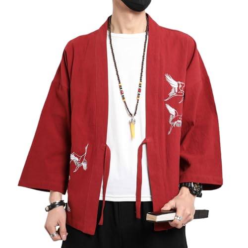 Image of Men's Japanese Kimono Cardigan Loose Cotton Linen 3 /4 Sleeve Open Front Casual Summer Shirt Jackets