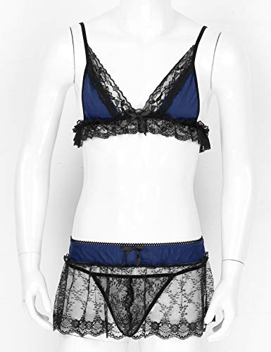 Lejafay Men's Sissy Lingerie Set Crossdressing Nightwear Ruffle Wirefree Bra with Skirted Panties3