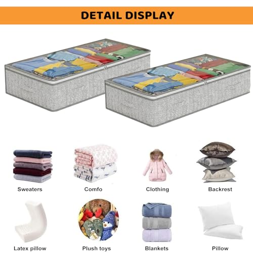 Unterbett Aufbewahrungsbox 2 Stück Unterbettkommode und klarem Transparenter Deckel,18 cm hoch aus langlebigem Material, 4 Griffen & 2 Reißverschluss Faltbar Kleideraufbewahrung & Organisation - Grau