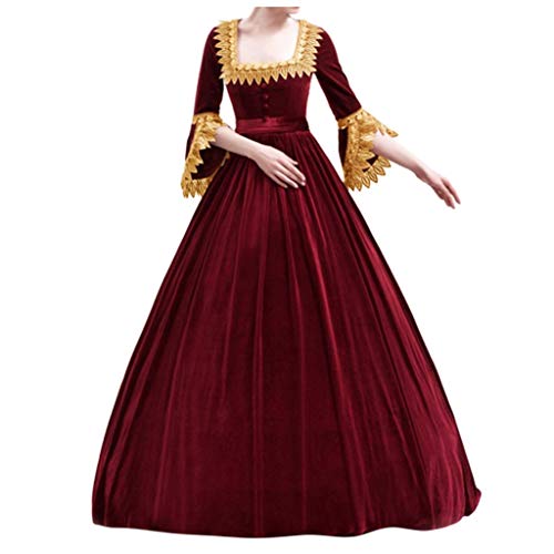 JURTEE Women Vintage Medieval Gothic Court Stitching Dress Victorian Fancy Dress Costume Flared Sleeves Swing Dress(L,Red)