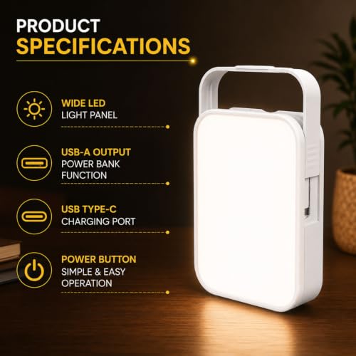 Image of Lexton LiteHouse Rechargeable Emergency Light | 12W Bright LED | 4000mAh Li-Ion Battery | Up to 10 Hours Backup | 3 Light Modes | Type-C Charging + Power Bank | for Home, Office, Camping & Travel