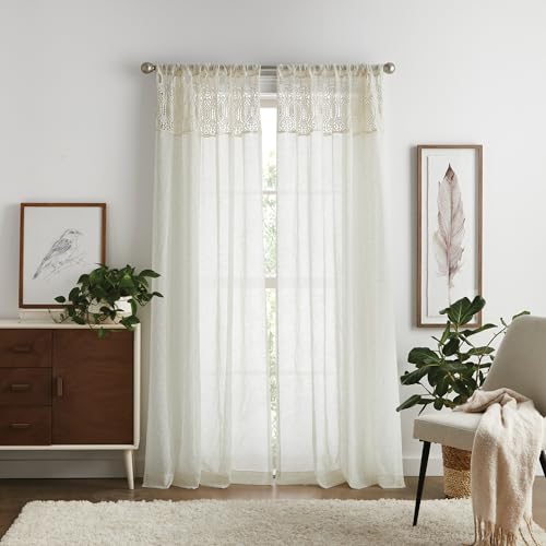 Martha Stewart Boho Curtains Macrame Decor Textured Sheer Rod Pocket Window Curtain Panel Pair, 84", Linen