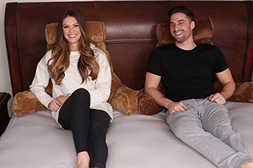 Husband Pillow XXL Tan Backrest with Arms - Adult Reading Pillow Shredded Memory Foam, Ultra-Comfy Removable Microplush Cover & Detachable Neck Roll, Unmatched Support for Bed Rest Sit Up Pillow