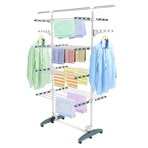 Todeco Séchoir à Linge Pliant à 4 Niveaux, Etendoir à Linge intérieur en Acier Inoxydable, Sèche-Linge Etendoir Pliable avec Barre Supérieure Extensible, Ailes réglables en Hauteur, Sarcelle