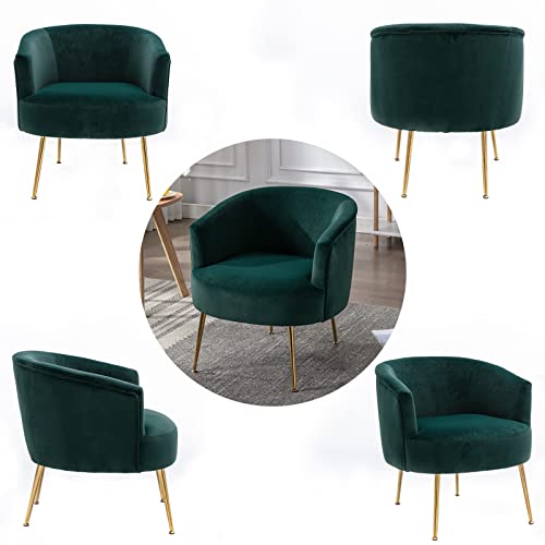 Kivenjaja Accent Barrel Chair, Modern Velvet Upholstered Club Armchair, Arm Chairs For Living Room Bedroom Small Space Plush With Golden Metal Legs, Dark Green #TOP6