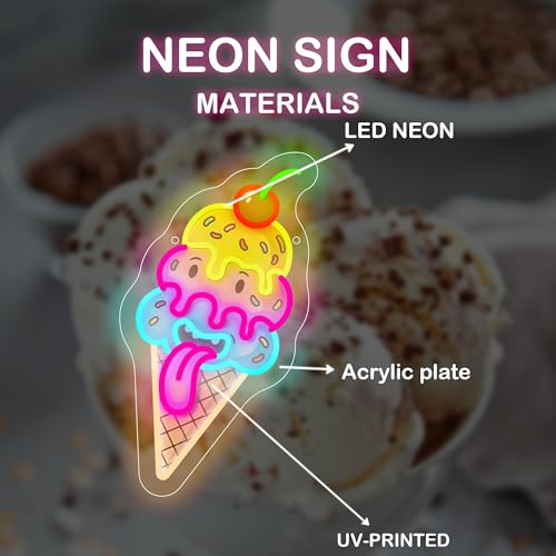 Image of Cute Ice Cream Neon Sign - LED Neon Light Wall Decor with Cherry, Colorful Cone Design, 7.1x12.4 Inches, USB Powered Neon Sign for Bedroom, Kids Room, Game Room, Party Decorations