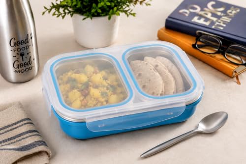 Image of Bento Lunch Box 550ml, Stainless Steel Lunch Box with 2 Compartments & Spoon, Microwave Safe BPA Free Tiffin Box, Leak Resistant Lunch Box for Kids & Adults, Office, School & Travel Blue