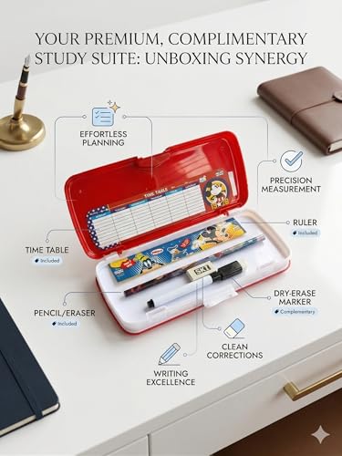 Image of SKi Homeware Pencil Box with Calculator, WHITEBOARD and A Marker | Free Stationery | Ideal for School Kids | Gift for Party Favours or Birthdays | Mickey