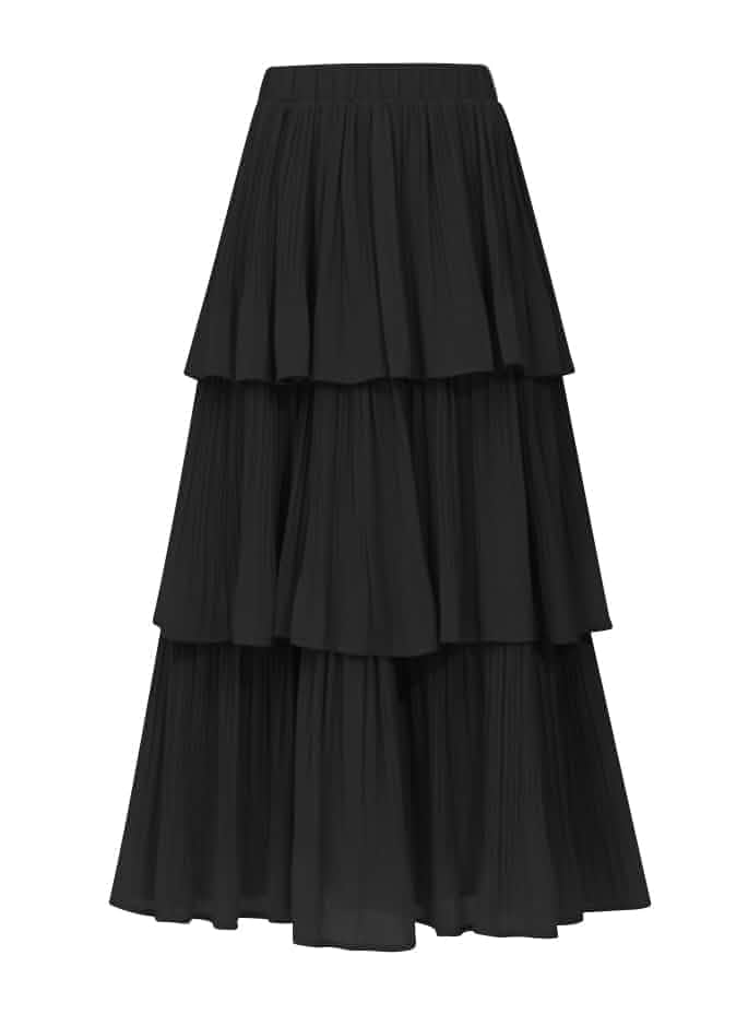 OULESIS Women's Chiffon Tiered Ruffle Long Maxi Skirts Boho Elastic High Waist A-Line Flared Pleated Midi Skirt