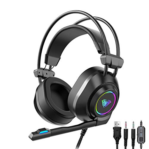 AULA S600 Wired Gaming Headset with Microphone, Memory Foam Earmuffs, LED Backlit, 360Â° Rotatable Noise Canceling Mic Stereo Headphones for PC Mac Laptop, Desktop, PS4, PS5, Xbox One (USB+3.5mm Jack)