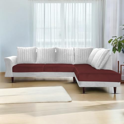 Image of Gratly RHS 4 Seater L Shape Sofa Set for Living Room (Maroon Grey Colour) Premium Fabric Sofa
