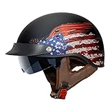 VCAN Cruiser Solid Flat Black Half Face Motorcycle Helmet with Drop-Down Sun Visor, Removable Peak...