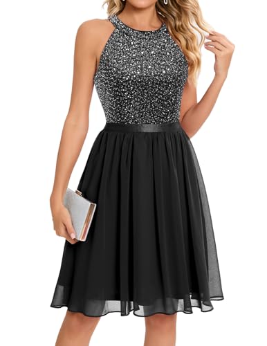 Bbonlinedress Festliches Kleid mit Pailletten Damen Winterkleid Neckholder...
