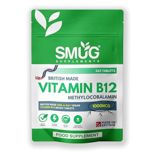 Vitamin B12 Tablets - British Made 365 Tablets by SMUG Supplements - High Strength 1000mcg Pills - Contributes to The Reduction of Fatigue and Tiredness - Suitable for Men and Women - Vegan Friendly