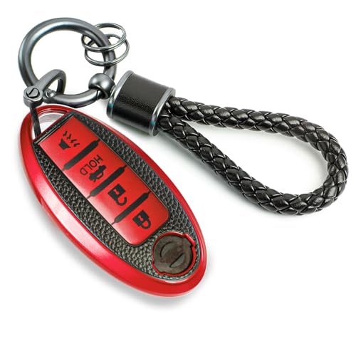 Image of for Nissan Key Fob Cover with Metal Braided Rope Keychain, Advanced Soft TPU Surface Grain Key Case for Nissan Key Shell (4 Button only) (Red, Braided Rope)