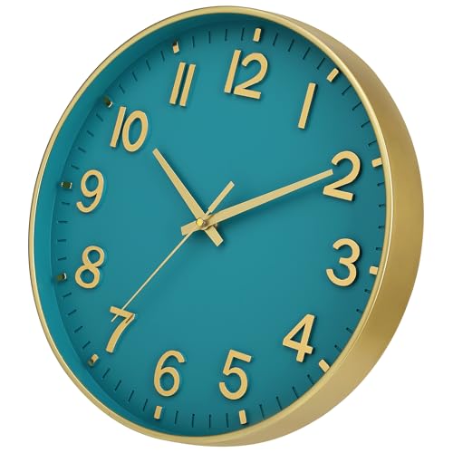 Image of HZDHCLH Teal and Gold Wall Clocks Battery Operated 12 inch Silent Non Ticking Modern Wall Clock for Living Room Bedroom Kitchen Office Decor