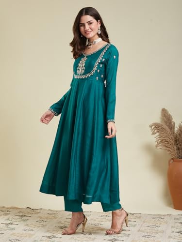 Image of MOKOSH Women's Silk Embroidery Anakrali Kurta Pant with Dupatta | Anarkali Kurta Set | Round Neck Full Sleeve Ethnic Suit | Floral Kurta 7 Colour Option Available | 3 Piece Outfit