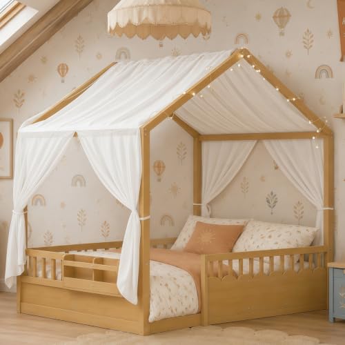 Image of Bellemave Full House BedFrame with Canopy, Montessori House Bed with LED and Bookshelf and Rails for Kids, Natural