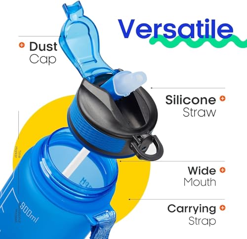 Image of TEKCOOL Motivational 1L Capacity Blue Plastic Bottle with Straw | Leakproof, Durable, BPA-Free | Ideal for School /College /Office /Travel, Sports /Outdoor Activities /