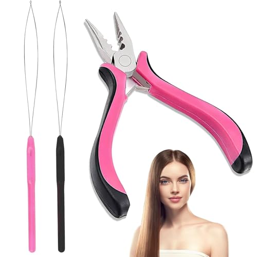 3Pcs Professional Nano Hair Extension Tools Kit Includes 1 Plier & 2 Loop Threaders Nano Beads Tool for Easy Hair Installation and Removal