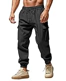 Husmeu Men's Cargo Trousers Lightweight Cotton Linen with Elastic Drawstring Waist, Breathable Casual Trousers Easy Fit Black XL