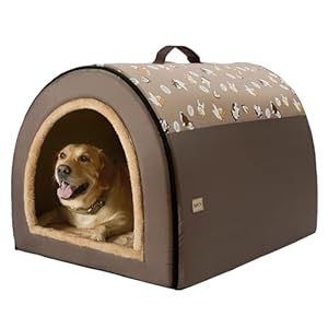 Jiupety 2 in 1 Dog House Indoor, Comfy Cave Bed Covered Dog Bed, Portable House for Large Dogs, 3XL(39″×32″×28″), Up to 90 Lb, Brown