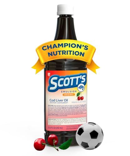 SCOTTS EMULSION Cod Liver Oil Liquid for Kids Cherry Flavor Supports Growth Immunity & Bone Health Rich in Omega 3 & Vitamins A+D Easy-to-Take Fish Oil 6.5 Fl Oz