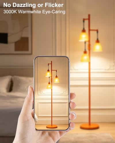 Image of Lightdot 3-Lights Glass Floor Lamp Dimmable Orange Floor Lamp with Orange Glass Shade 3000K Bulbs Included Unique Modern Standing Tall Lamp with 5Lbs Heavy Base for Living Room /Bedroom /Sofa Beside