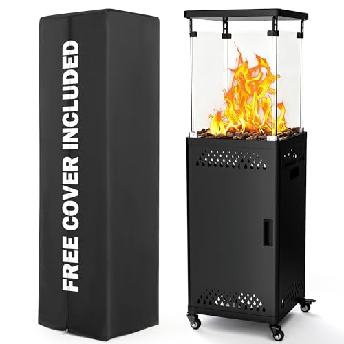 Pamapic 41,000 BTU Propane Patio Heater with Water Drop Hollow Pattern, Lockable Wheels & Cover, CSA Certified Weather Resistant Outdoor Heater for Backyard, Balcony, Garden (Charcoal)