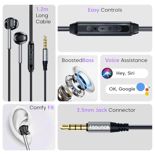 Image of Sounce BassPulse In Ear 3.5mm Wired Headset with HD Mic In-Line Controls 14.2mm Drivers Unique Earbud Design TPE Tangle-Free Cable Wide Compatibility Sweatproof Durable Premium Wired Earphones (Black)