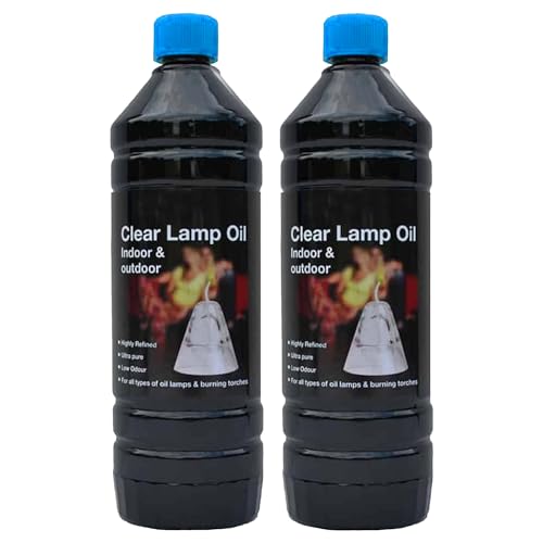 CUQOO Clear Lantern Torch and Lamp Oil in 1L – Lamp Oil Indoor & Outdoor for Garden Burners, Garden Torches, Oil Lamps, Tiki Torches - Oil for Indoor & Outdoor Lamps with Child Safe Lid (2 Pack)