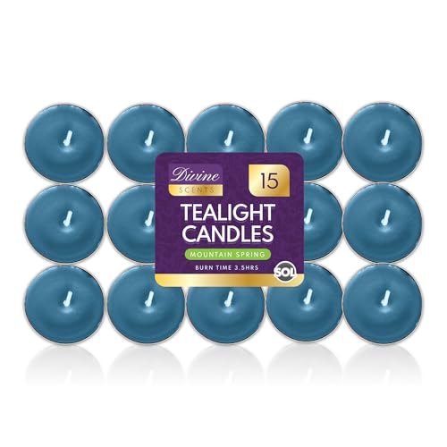 SOL 15pk Mountain Spring Scented Tea Light Candles Long Burning – 3.5 Hour Burn Time, Ideal for Home, Relaxation, Spa, Massage, Romantic Dinners, Weddings, Anniversaries, Festive Decor & Cosy Evenings
