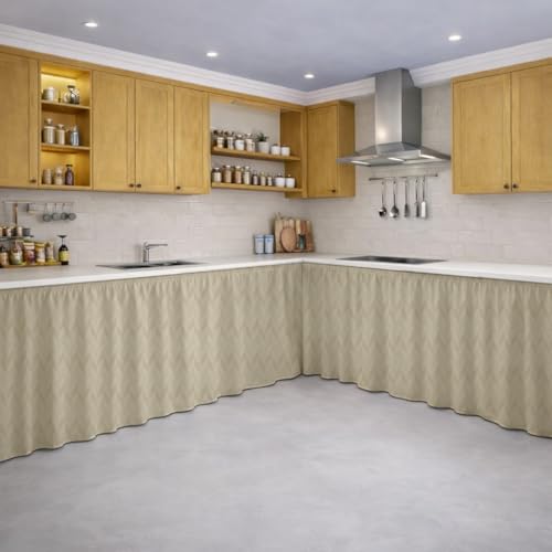 Image of LINENWALAS Under Sink Curtain for Kitchen - Pack of 2 | Herringbone Embossed Design Polyester Under-Sink Cover | Storage-Hiding Curtain with Rod Pocket | Kitchen & Bathroom (132x71 CM, Beige)