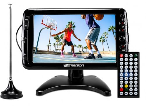 Emerson 7' Portable TV with Antenna – Rechargeable Battery Powered Mini HDTV, ATSC Digital Tuner, HDMI USB AV Input, Small Portable Television for Car, RV, Camping, Travel & Emergency Preparedness