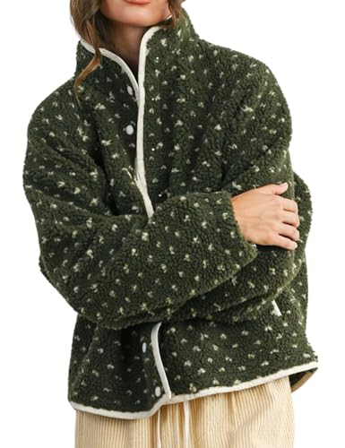 Meyhad Women's Fleece Jacket Button Down Lapel Collar Sherpa Jackets Long Sleeve Contrast Quilted Outerwear(1006-DarkGreen-S)