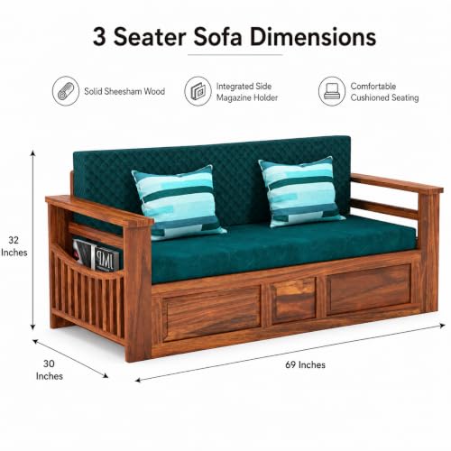 Image of Douceur Furnitures Solid Sheesham Wooden 3 Seater Sofa Cum Bed with Mattress,Cushions & Side Pockets,Wood Foldable Convertible Sofa 3 Seater Diwan Cum Bed for Living Room & Office|Natural Finish