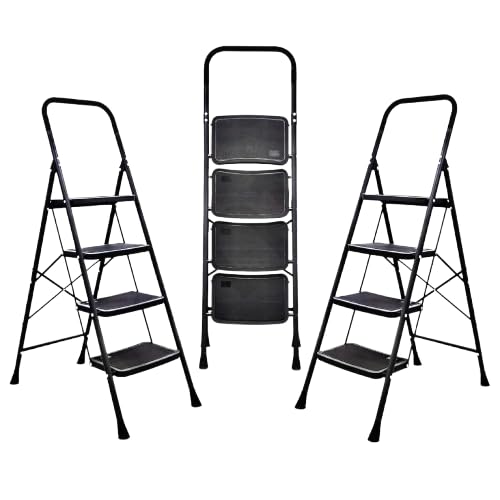 Heavy Duty Steel Step Ladder | 4 Step Ladder with Non Slip Wide Steps | Triangular Structure for Stability | Black Alloy Steel Ladder with Step Width for Home and Office Use-picture-22