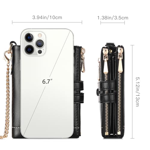 GAEKEAO Small Wallets for Women Leather RFID Blocking Bifold Double Zipper Coin Pocket Purse with Anti-Theft Chain4