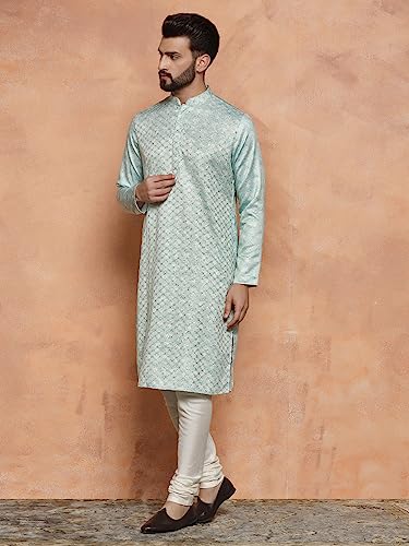 Image of KISAH Men's Navy Blue Printed Cotton Kurta - Regular Fit Long Tunic with Mandarin Collar | Ethnic Wear for Weddings & Festive Occasions
