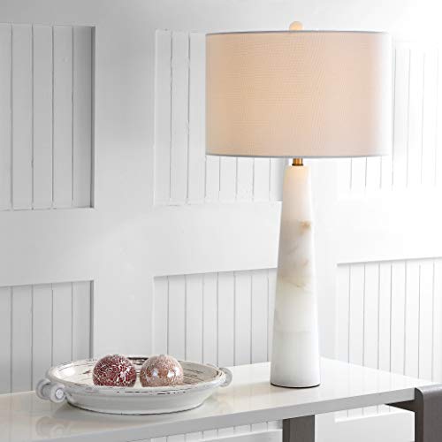 Image of SAFAVIEH Delilah Table Lamp 30 inch, Alabaster White TBL4067A | 30 inch Table Lamp, Genuine Alabaster, Drum Shade, Rotary Switch, LED Bulb Included, Easy Assembly