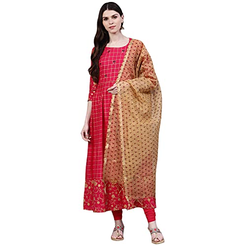 Image of Stylum Women's Checkered Rayon Flared Kurta with Dupatta Set