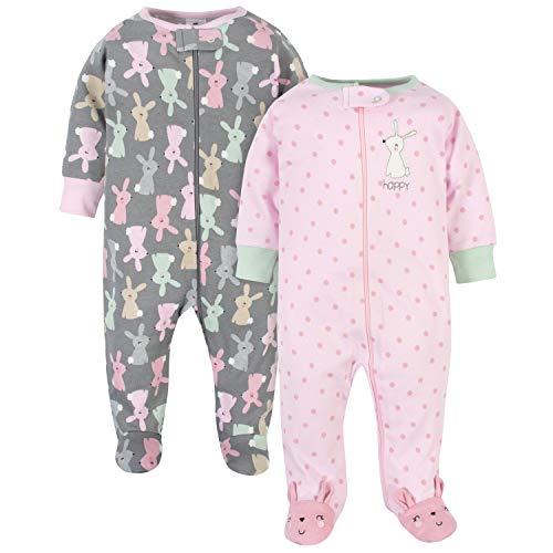 Gerber Baby Girls' 2-Pack Organic Sleep 'N Play, Happy Bunny Pink, 6-9 Months