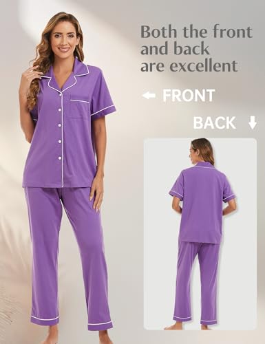 Image of COLORFULLEAF Women's 100% Cotton Pajamas Set Button Down Sleepwear Short Sleeve Shirt and Long Pants Soft Ladies Lounge Sets