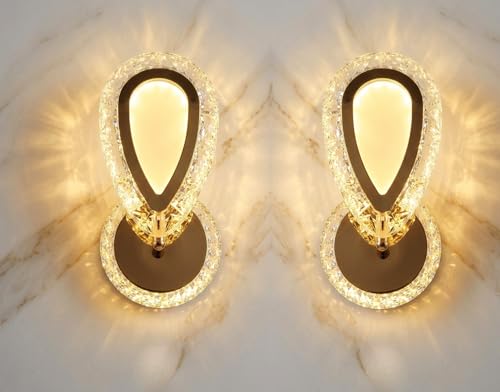 Image of Groeien Pack of 2 | 12w | 3 Color LED Crystal Teardrop Wall Sconce Light for Bedroom Living Room Corridor Lighting Fixtures Wall Mount(Warm+Natural+Coolwhite)(Crystal-Teardrop, 2, Count)