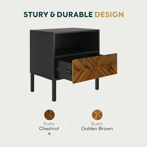 Image of Bme Vivian Side Tables Bedroom, Solid Wood Bed Side Table, Mid Century Modern End Table with Drawer, Herringbone Pattern, Compact for Bedroom & Living Room, Easy Assembly, Chestnut