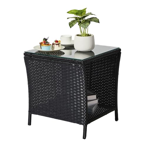 Outdoor-Rattan-Side-Table-Square-Coffee-Table-with-Tempered-Glass-Top-and-Storage-Black Outdoor Rattan Side Table, Square Coffee Table with Tempered Glass Top and Storage, Black - Image 1
