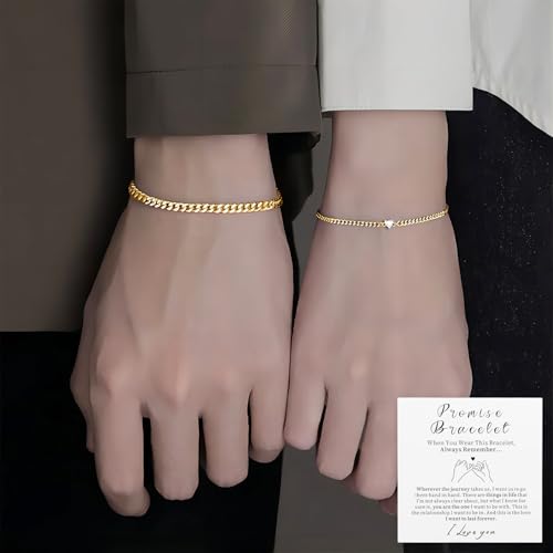 Promise Couple Bracelets for Women Men Permanent Bracelets for Couples Soulmate Distance Relationship Bracelet Stainless steel Matching Bracelets Locked Bracelet Heart Rhinestone Gold Silver Cuban Chain2