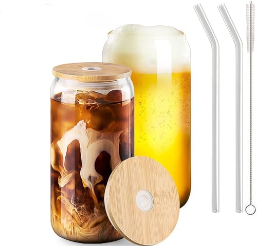 MEETOZ 2 Set 500ml Finew Glass Cups with Bamboo Lids and Glass Straws Reusable Can Shaped Glass Cups Set for Smoothies Beer Cola Juice Soda