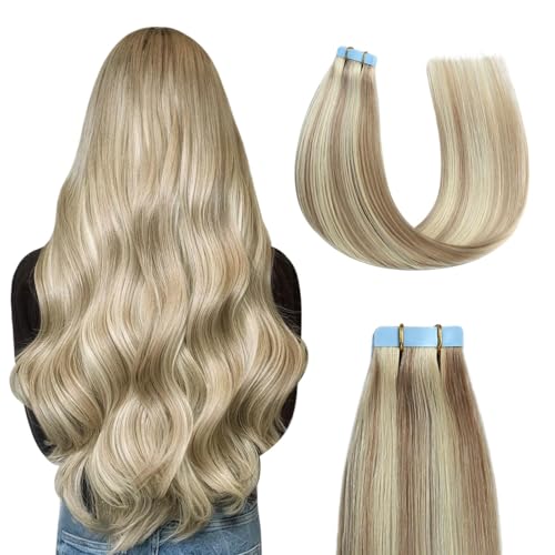 Sunya Extensiones de pelo rubio ceniza con cinta en las extensiones de pelo rubio ceniza con rubio blanqueador, 40 cm, invisibles, rectas, #P18/613, 40 g, 20 unidades